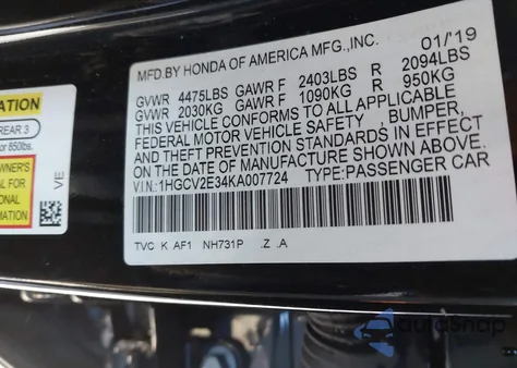2019 Honda Accord Sport 2.0T from USA, damaged, VIN 1HGCV2E34KA007724